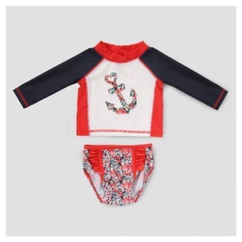 Cat & Jack Baby Girl Rash Guard Set Floral Anchor Swim 3-6M Nautical - Picture 2 of 5